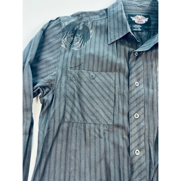 Harley Davidson Mens Long Sleeve Button Up Shirt Black Pinstripe Black Logo Lg - Picture 7 of 13
